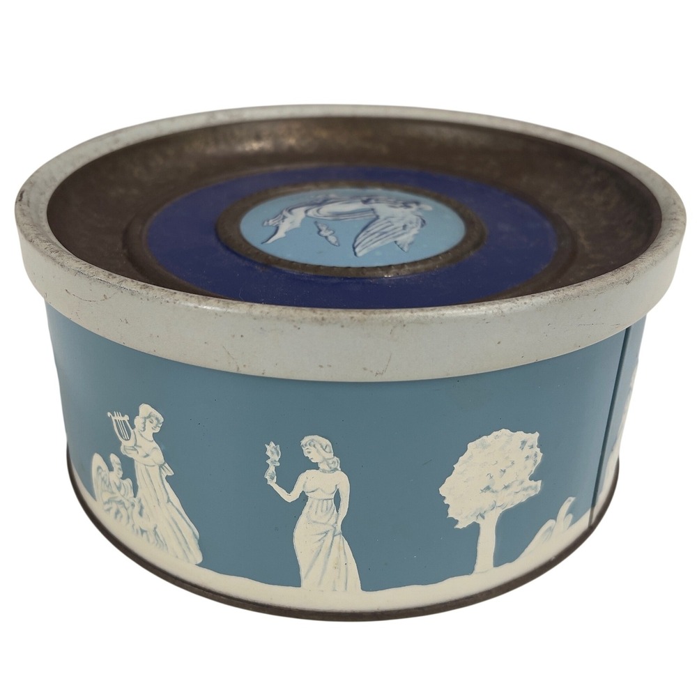 Guildcraft New York Blue Jasperware Style Tin‎ Container Trinket Box Vintage